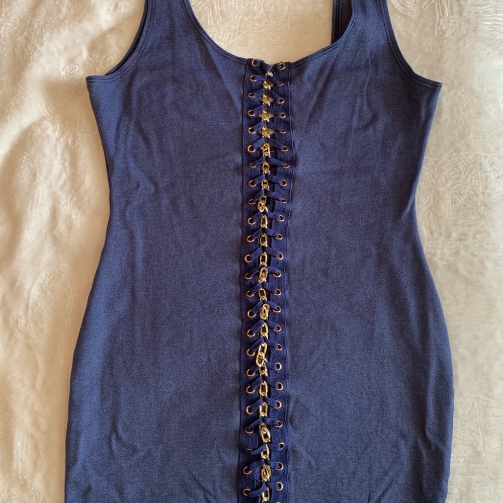 Stretchy blue mini dress with gold chain detail